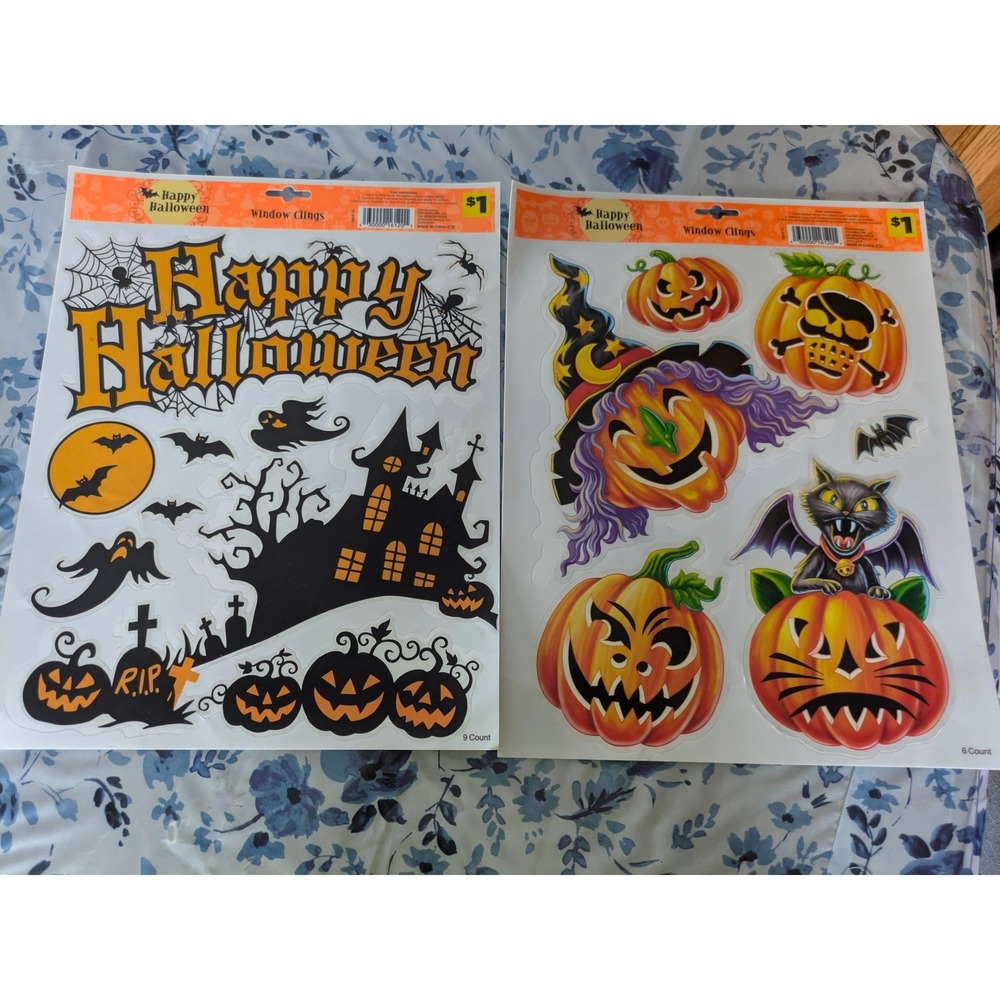 Happy Halloween Window Clings 2 Pack Haunted House Pumpkins Cat Jack-O-Lanterns